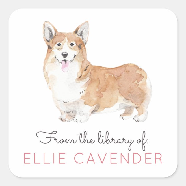 Corgi Library Bookplate Square Sticker (Front)