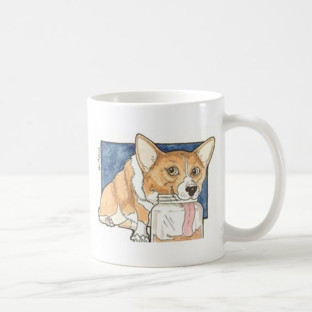 Corgi licking the Peanut Butter Jar Coffee Mug (Right)