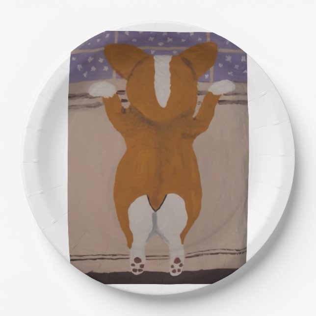 Corgi looking out window paper plate (Front)