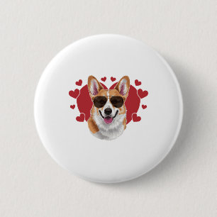 Corgi Love Cool Sunglasses Surrounded by Hearts 2 Inch Round Button