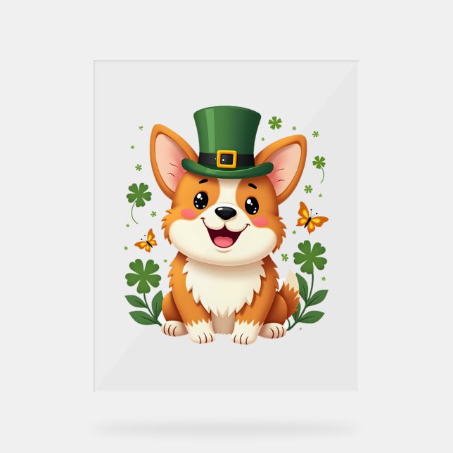 Corgi Lover Shamrock Happy St Patricks Day Acrylic Sign (Front)