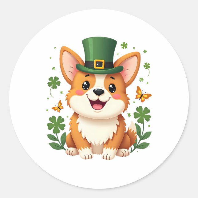 Corgi Lover Shamrock Happy St Patricks Day Classic Round Sticker (Front)