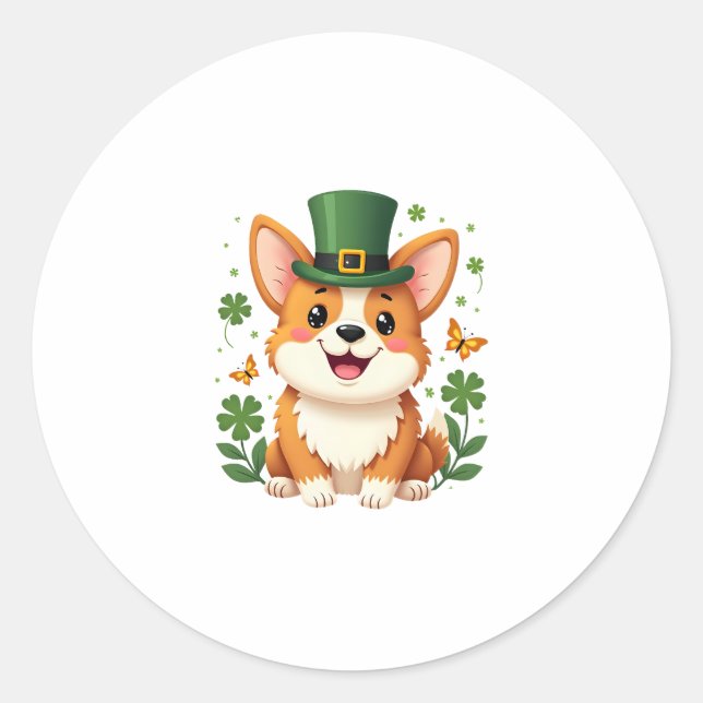 Corgi Lover Shamrock Happy St Patricks Day Classic Round Sticker (Front)