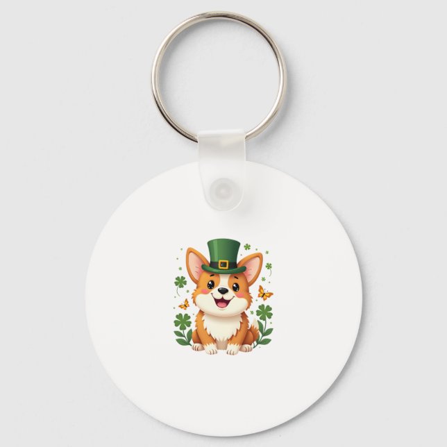 Corgi Lover Shamrock Happy St Patricks Day Keychain (Front)