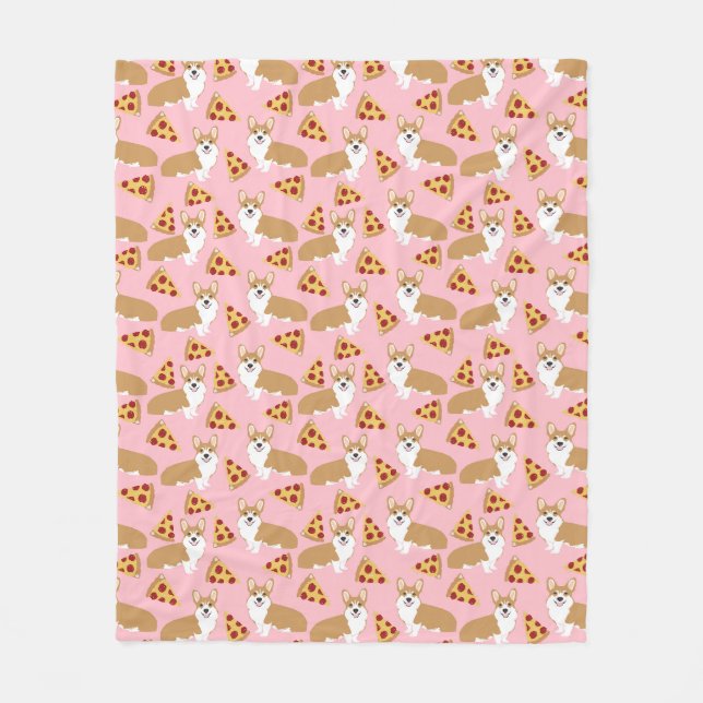 Corgi loves pizza pink fleece blanket (Front)