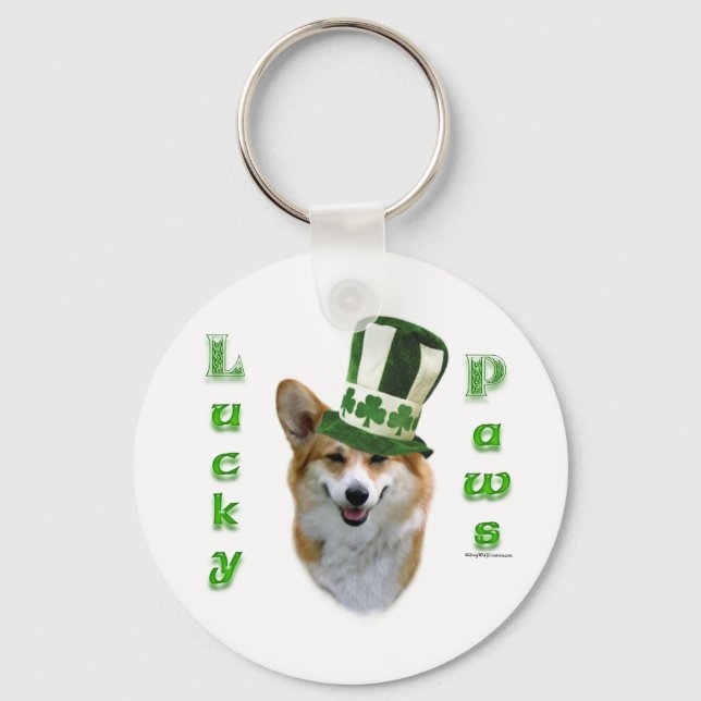 Corgi Lucky Paws; Corgi St Patrick's Day gift Keychain (Front)