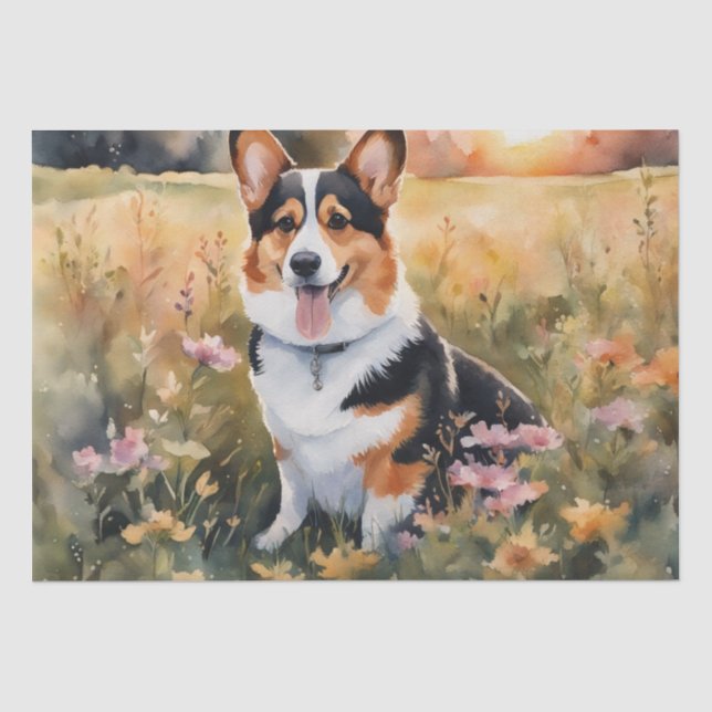 Corgi Meadow Magic: A Floral Decoupage Delight Tissue Paper (Front)