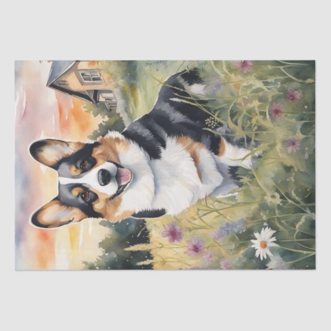 Corgi Meadow Magic: A Floral Decoupage Delight Tissue Paper (Front)