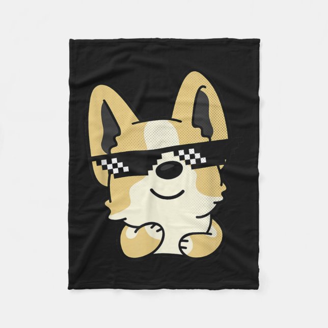 Corgi Meme Pixel Sunglasses Cute Dog Fleece Blanket (Front)
