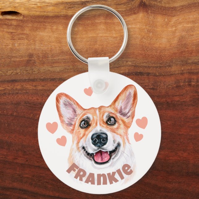 Corgi Mom With Hearts Dog Illustration Keychain (Front)