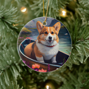 Corgi on a Paddle: A Scenic Adventure Ceramic Ornament