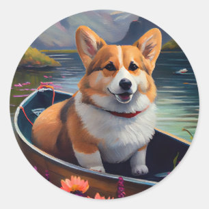 Corgi on a Paddle: A Scenic Adventure Classic Round Sticker
