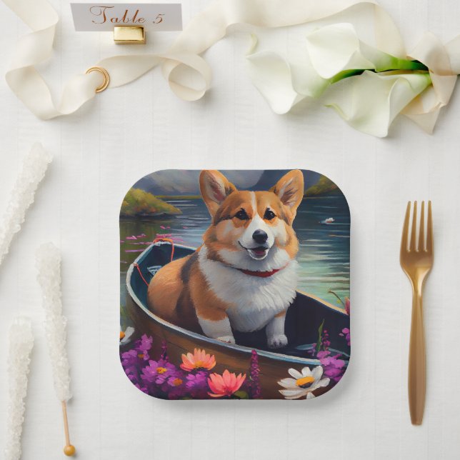 Corgi on a Paddle: A Scenic Adventure Paper Plate (Wedding)