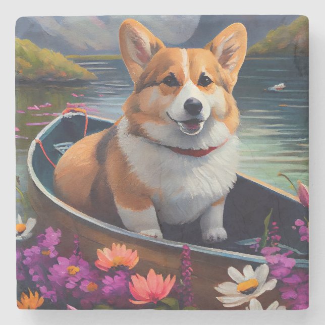 Corgi on a Paddle: A Scenic Adventure Stone Coaster (Front)