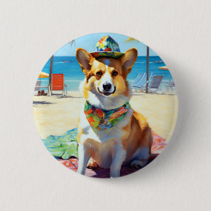 Corgi on Beach, summer gift for dog lovers  2 Inch Round Button