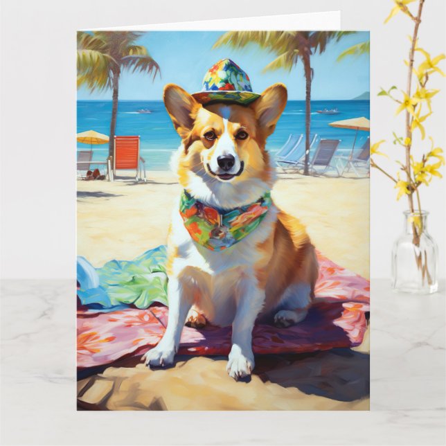 Corgi on Beach, summer gift for dog lovers  Card (Yellow Flower)