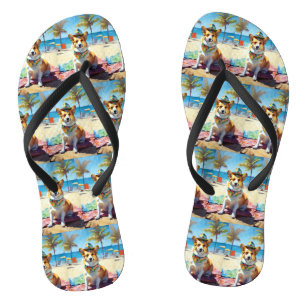 Corgi on Beach, summer gift for dog lovers  Flip Flops