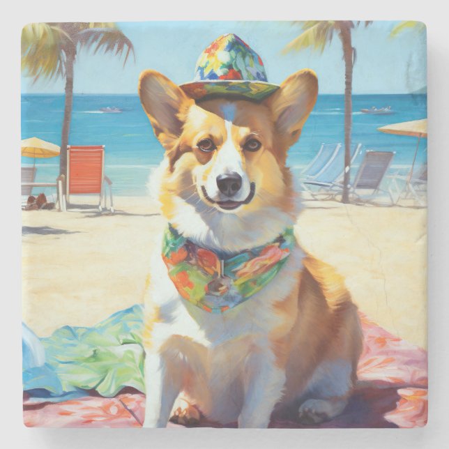 Corgi on Beach, summer gift for dog lovers  Stone Coaster (Front)
