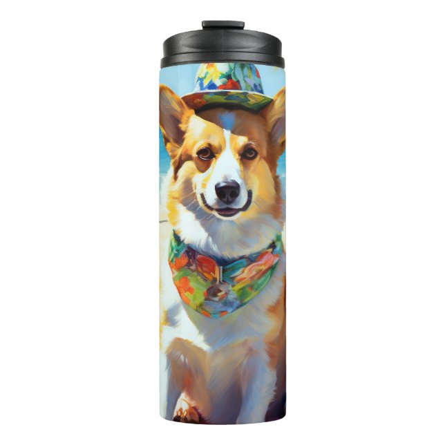 Corgi on Beach, summer gift for dog lovers  Thermal Tumbler (Front)