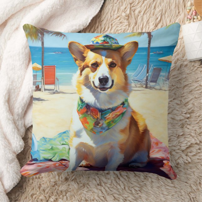 Corgi on Beach, summer gift for dog lovers  Throw Pillow (Blanket)