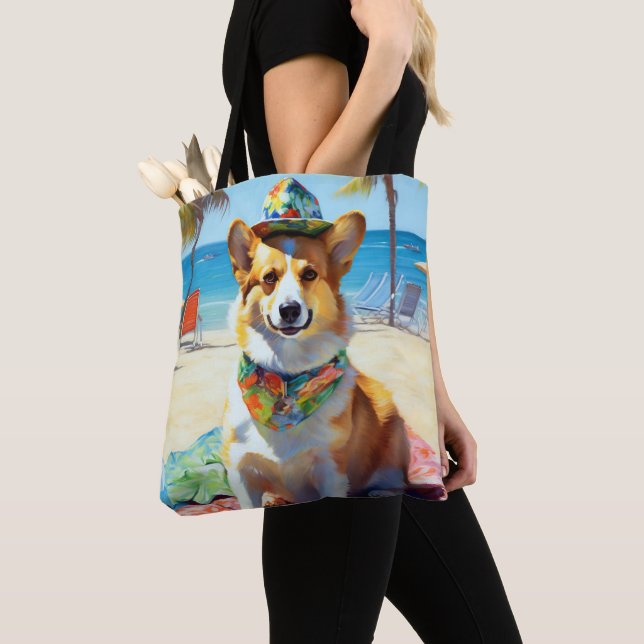 Corgi on Beach, summer gift for dog lovers  Tote Bag (Close Up)