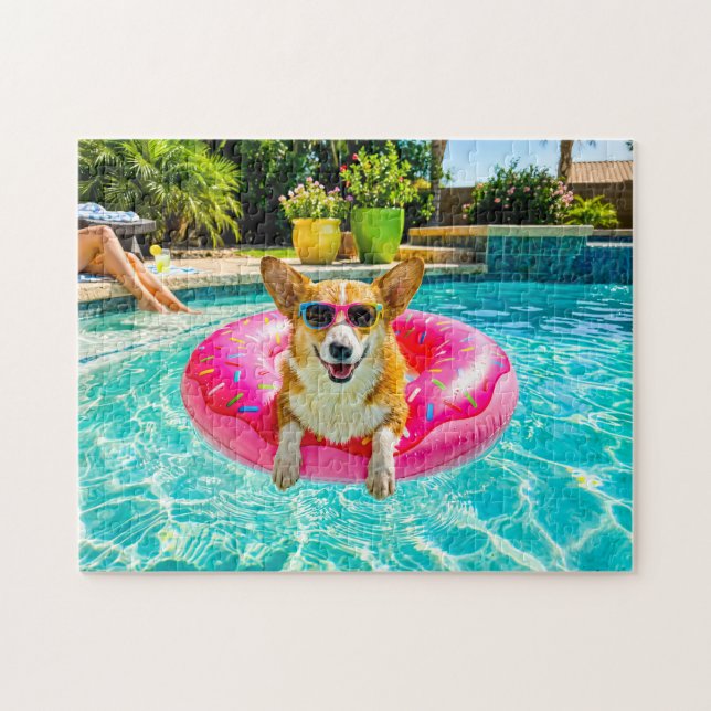 Corgi on doughnut float jigsaw puzzle (Horizontal)
