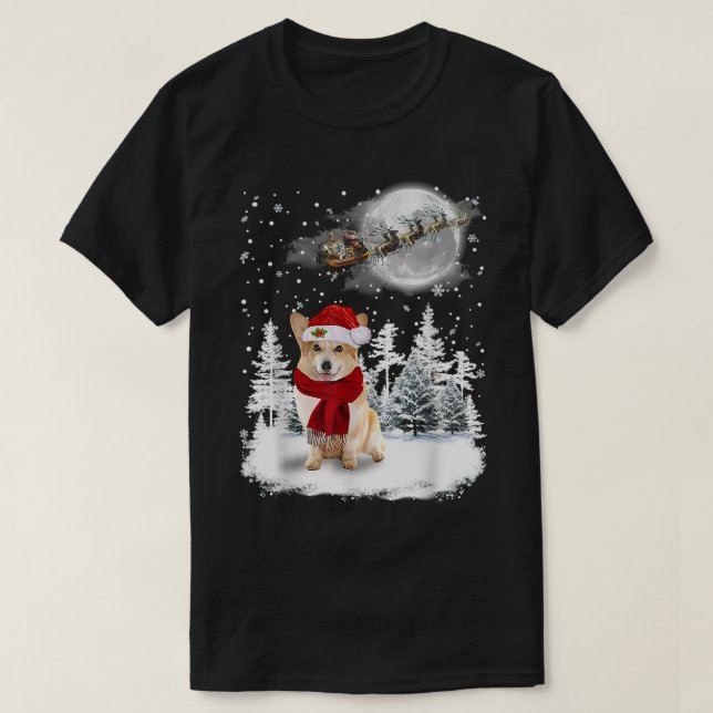 Corgi On Snow Christmas Moon Lighting Santa Hat  T-Shirt (Design Front)