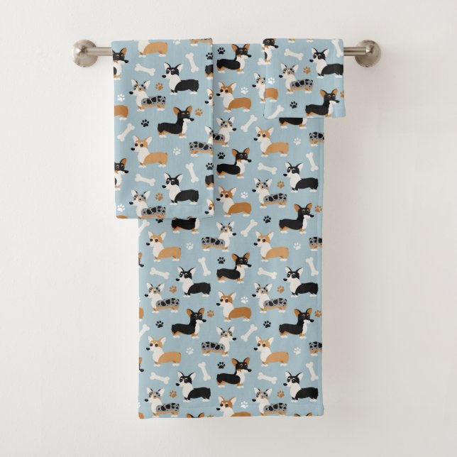 Corgi Pattern Blue Bath Towel Set (Insitu)
