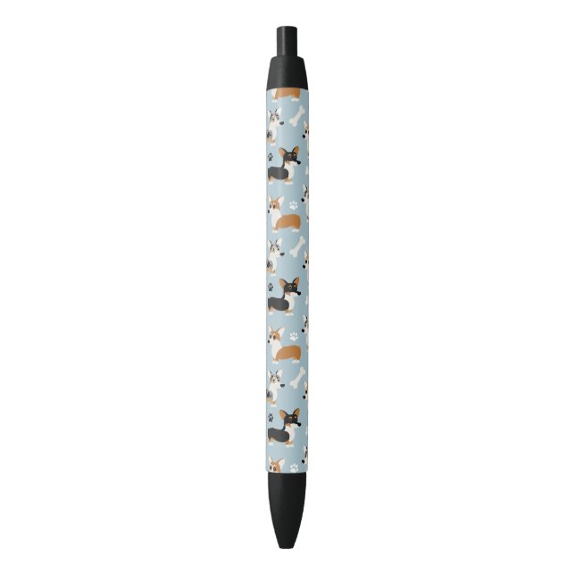 Corgi Pattern Blue Black Ink Pen (Front Vertical)