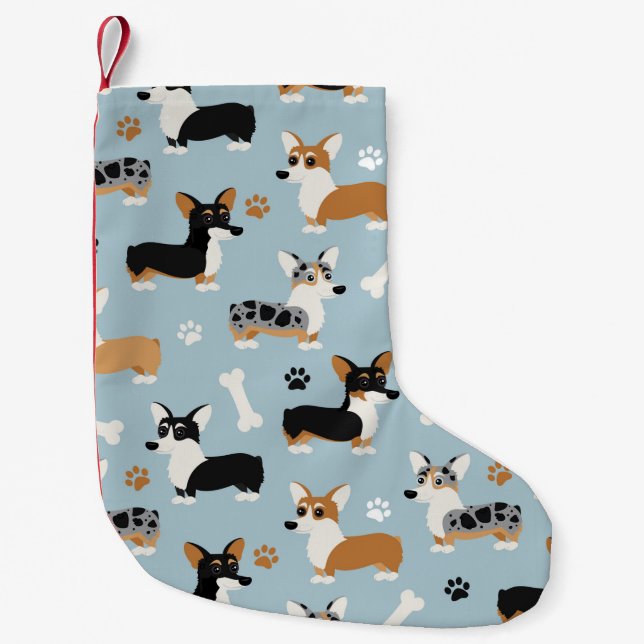 Corgi Pattern Blue Small Christmas Stocking (Front)