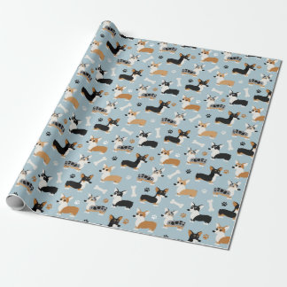 Corgi Pattern Blue Wrapping Paper