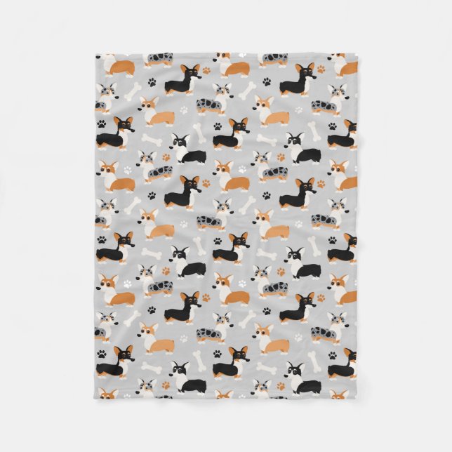 Corgi Pattern Gray Fleece Blanket (Front)