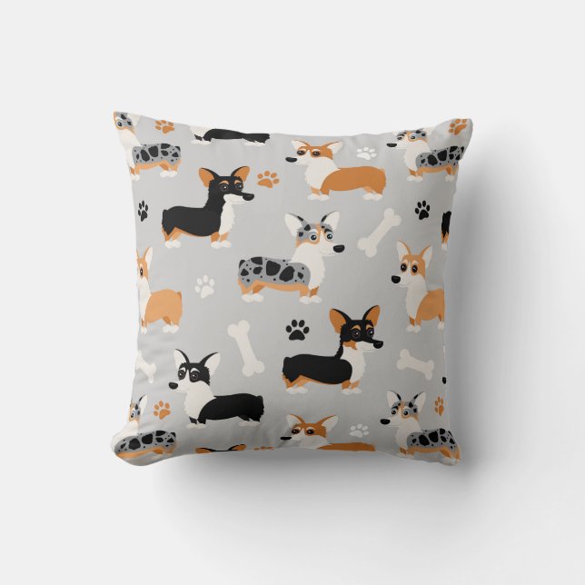 Corgi Pattern Gray Throw Pillow (Front)