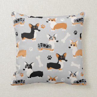 Corgi Pattern Gray Throw Pillow