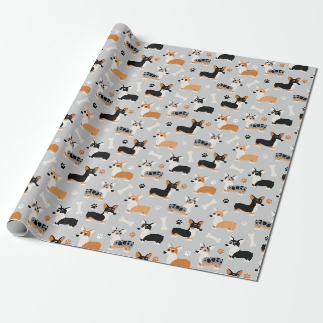 Corgi Pattern Gray Wrapping Paper (Unrolled)