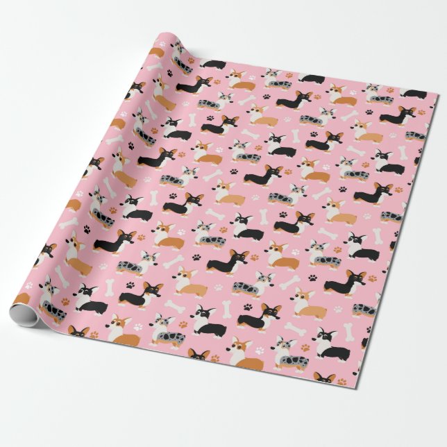 Corgi Pattern Pink Wrapping Paper (Unrolled)