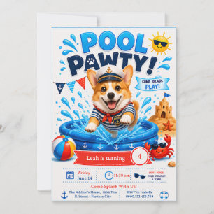Corgi Pool Party Birthday - Nautical Captain Invitation