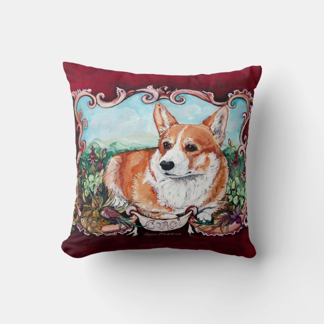 Corgi Portrait by Cherry O'Neill Throw Pillow (Front)