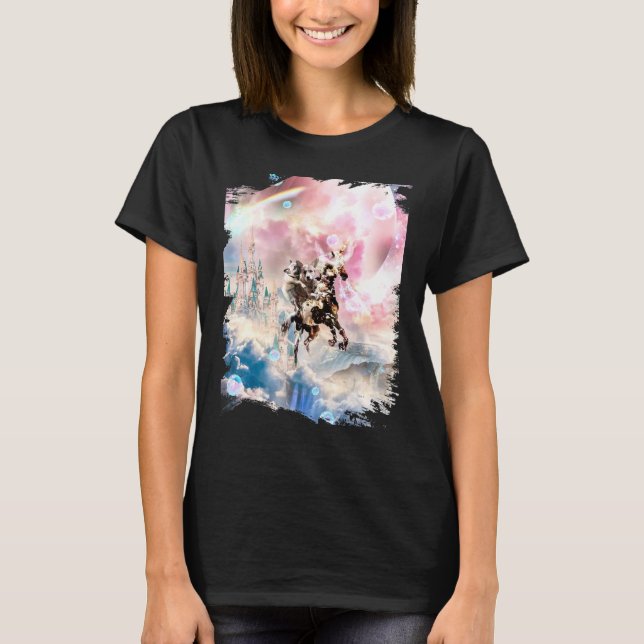 Corgi Pug Riding Unicorn Robot In Space T-Shirt (Front)