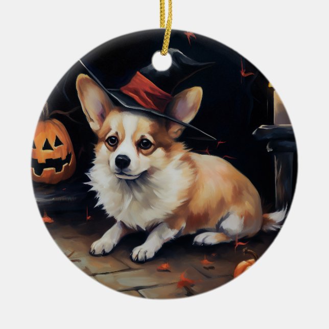 Corgi Pumpkins Halloween Scary Ceramic Ornament (Front)