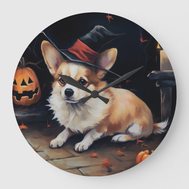 Corgi Pumpkins Halloween Scary Large Clock (Front)