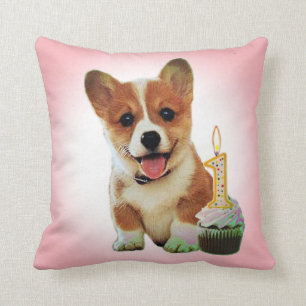 Corgi puppy and first birthday cupcake throw pillow