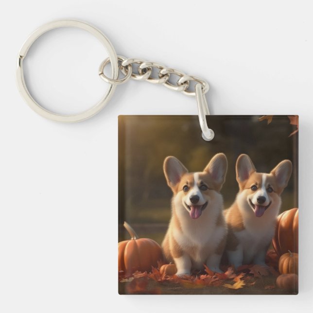Corgi  Puppy Autumn Delight Pumpkin  Keychain (Front)