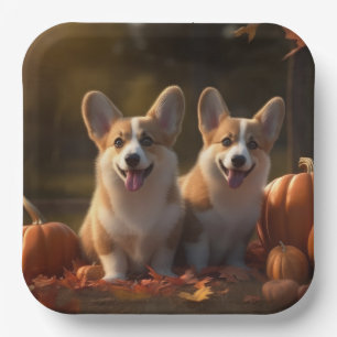 Corgi Puppy Autumn Delight Pumpkin Paper Plate