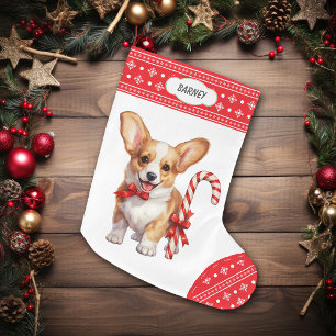Corgi Puppy Candy Cane Snowflake Border Large Christmas Stocking