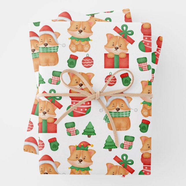 Corgi Puppy Dog Cute Festive Elf Santa Christmas Wrapping Paper Sheet (In situ)