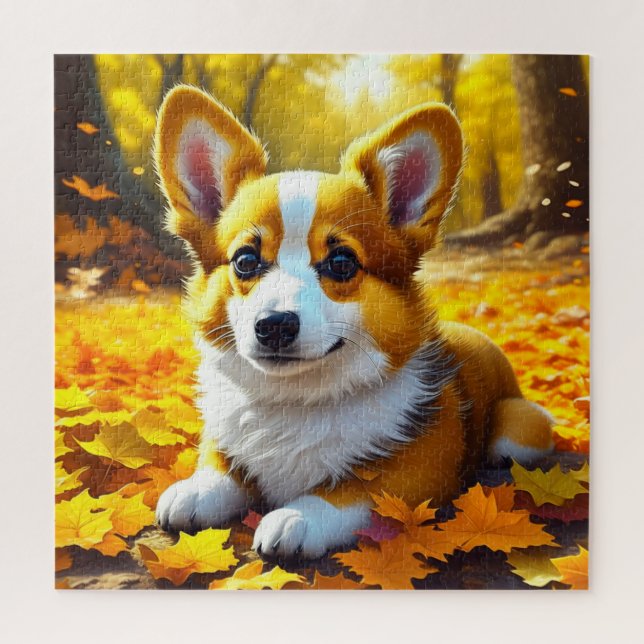 Corgi Puppy Dog Playing in Fall Leaves Jigsaw Puzzle (Vertical)