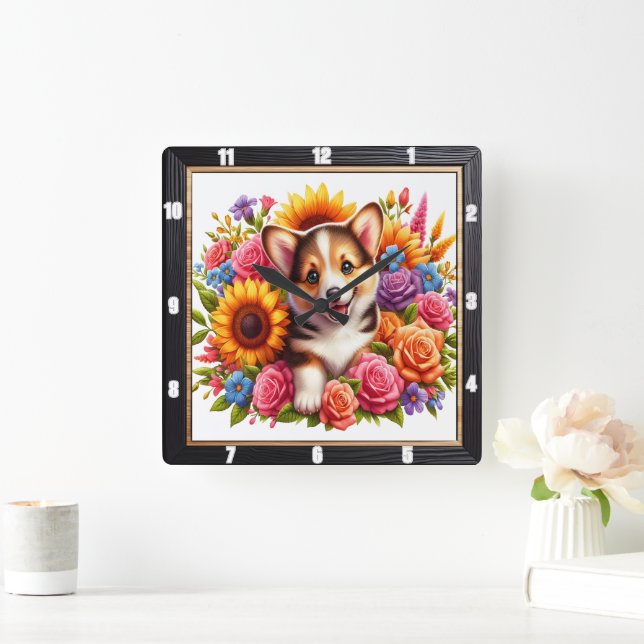 Corgi Puppy Floral Garden Square Wall Clock (Home)