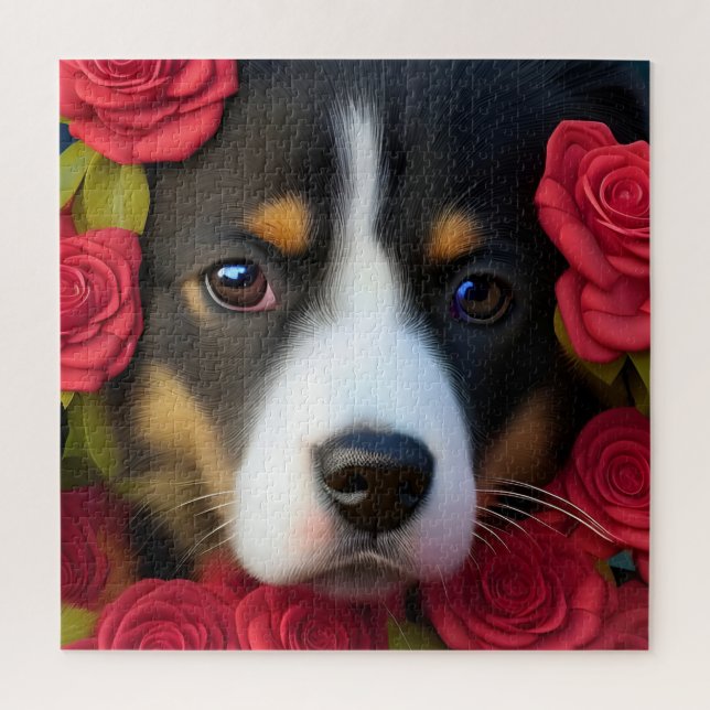 Corgi Puppy in red roses  Jigsaw Puzzle (Vertical)