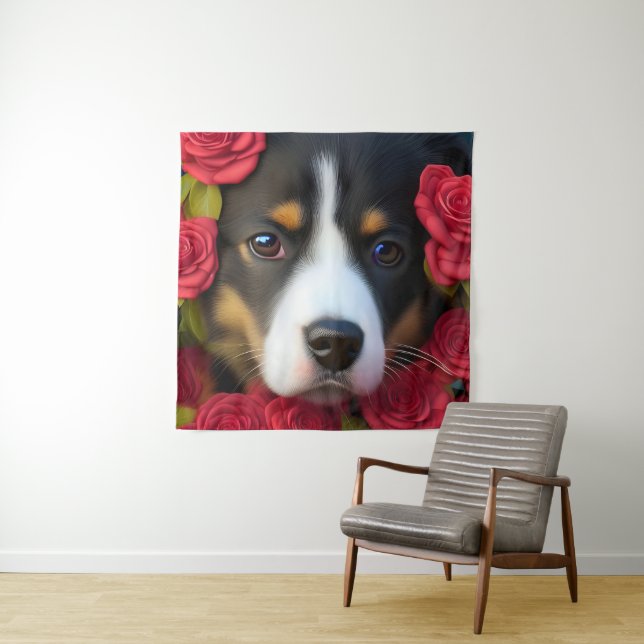 Corgi Puppy in red roses Tapestry (In Situ)